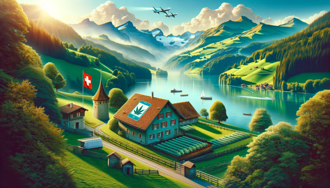 Schweizer Landschaft mit Symbolen für Rechtslage und Verbraucherschutz beim CBD-Kauf in der Schweiz.